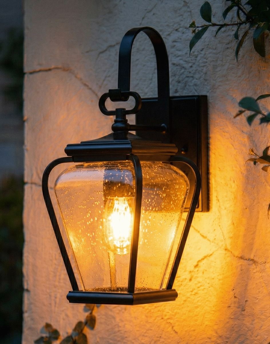 Digital Illustration of the Black "Kirkstead" Traditional Wall Lantern Lit up at Night