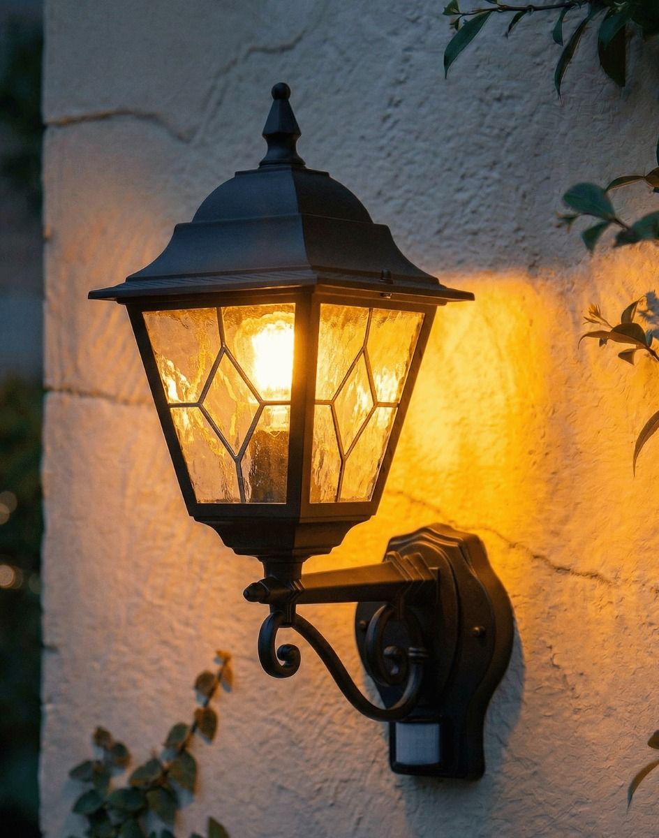 Digital Illustration of the Black "Sheringham" Traditional Wall Lantern with Built in PIR Sensor Lit up at Night