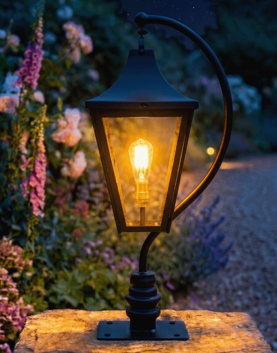 Digital Illustration of the Black 83cm "Lincoln" Swan Neck Pillar & Lantern Mounted on a Stone Garden Pillar Viewed Face on and Lit up at Night