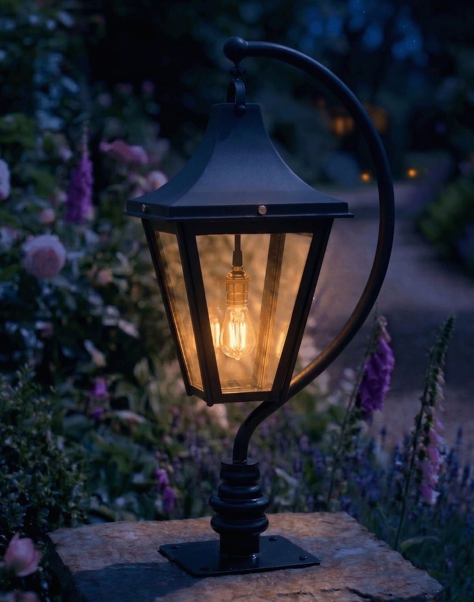 Digital Illustration of the Black 83cm "Lincoln" Swan Neck Pillar & Lantern Mounted on a Stone Garden Pillar Whilst Lit up at Night