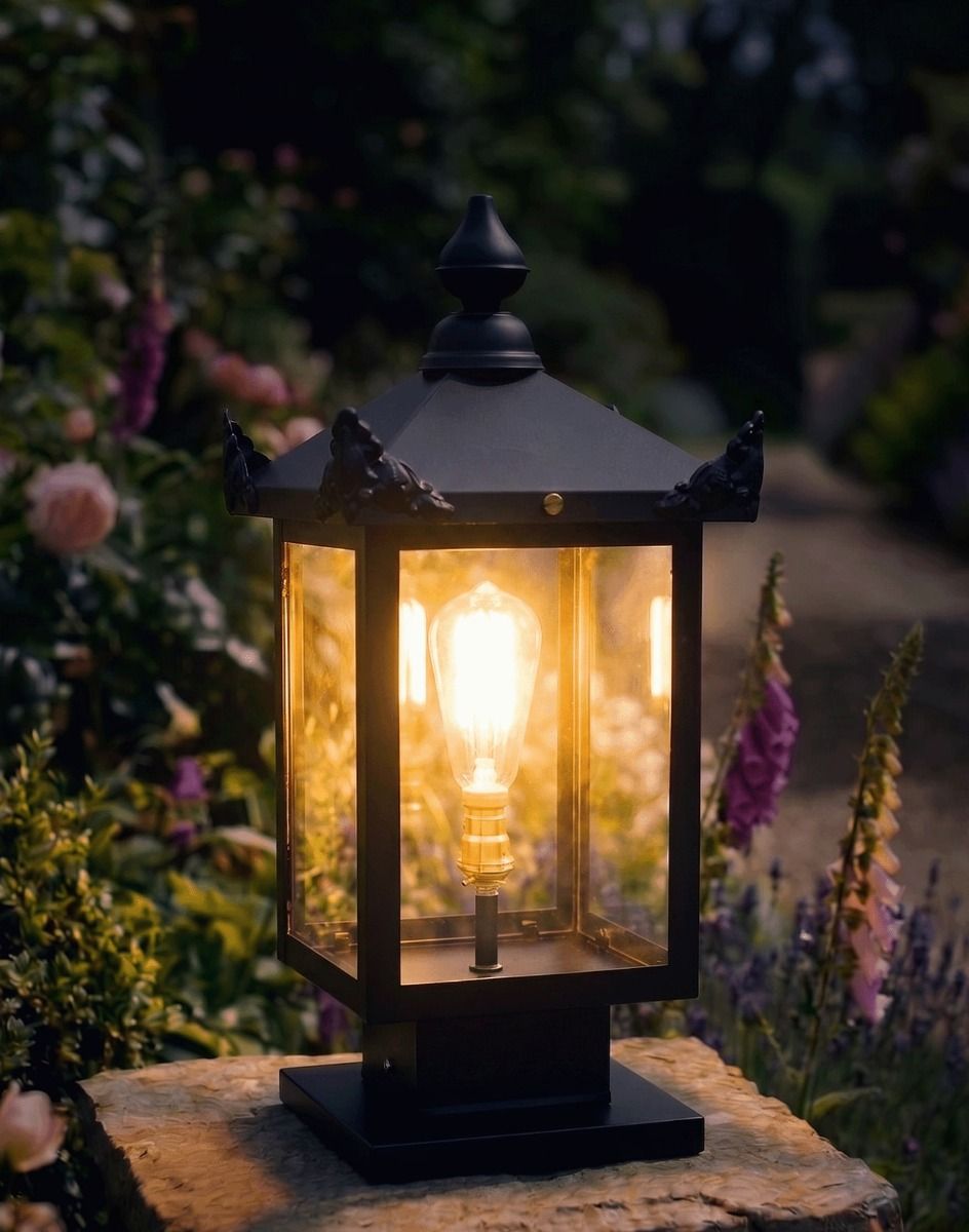 Digital Illustration of the Black Contemporary Victorian Pillar Light Mounted on a Stone Garden Pillar Whilst Lit up at Night