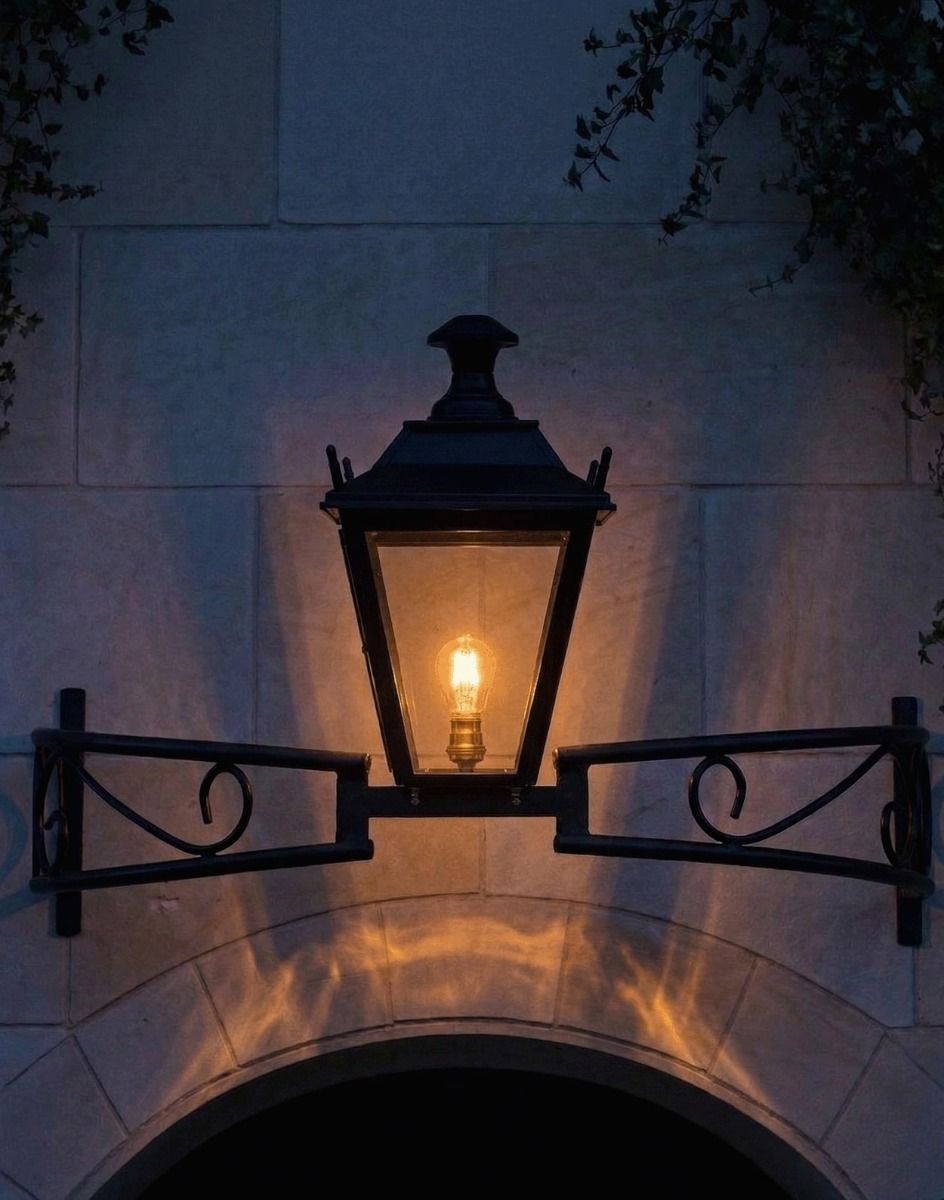 Digital Illustration of the Black Dorchester Bow Bracket Light Lit up at Night