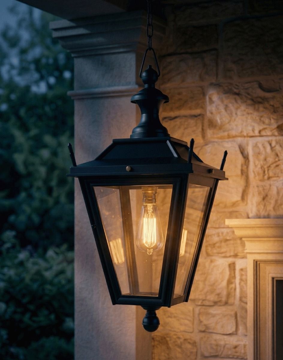 Digital Illustration of the Black Dorchester Hanging Lantern On a Chain Lit up at Night