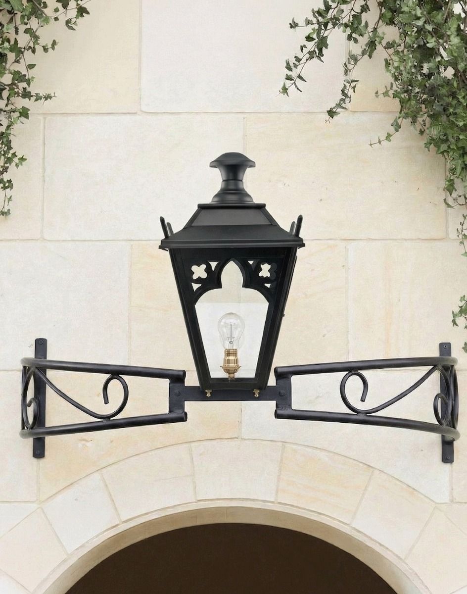Digital Illustration of the Black Gothic Bow Bracket Light Mounted Above a Stone Archway