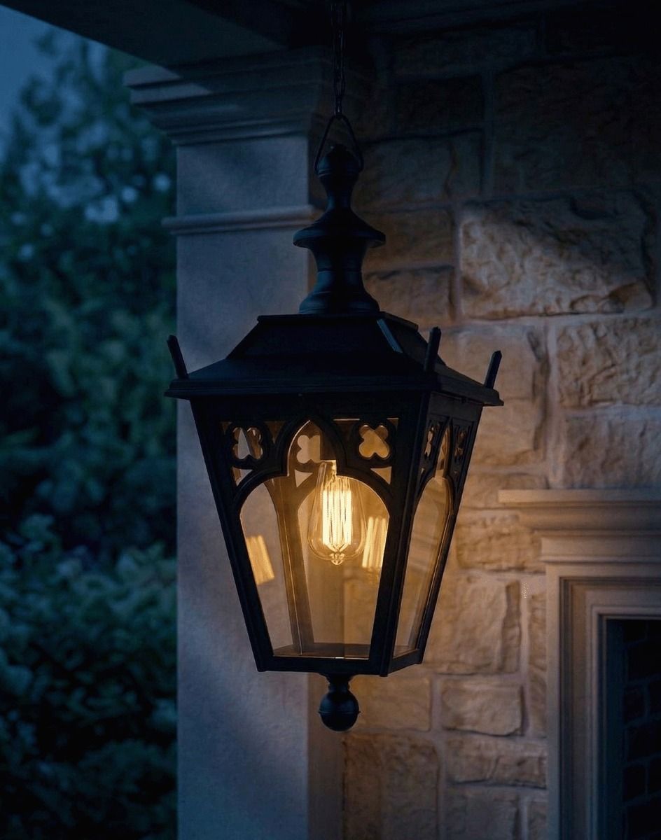 Digital Illustration of the Black Gothic Hanging Garden Chain Lantern Lit up at Night