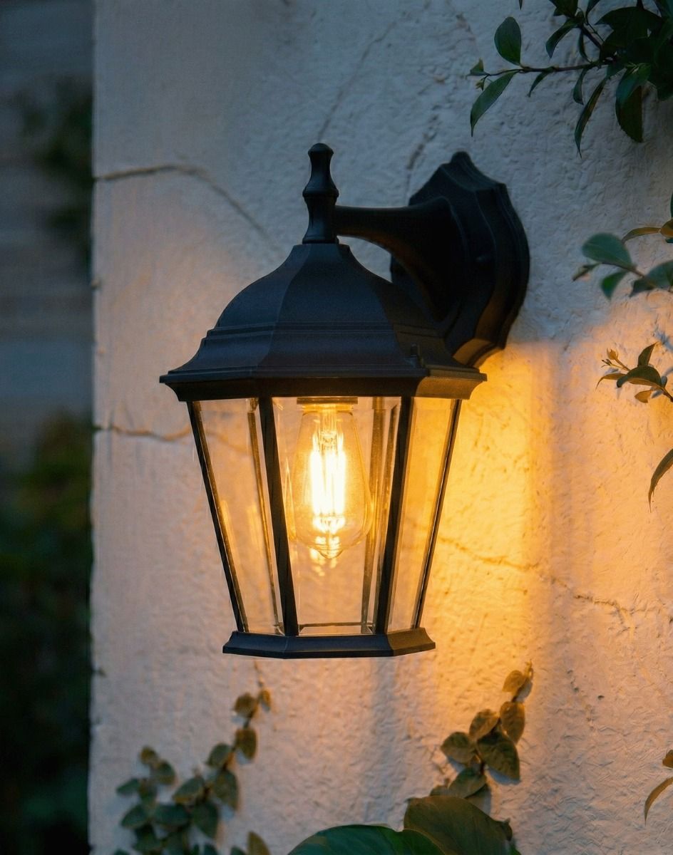 Digital Illustration of the Black Hampton Traditional Wall Light Lit up at Night
