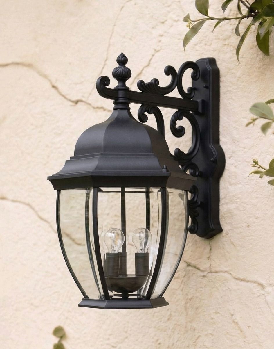 Digital Illustration of the Black Large Ornamental Victorian Wall Light Mounted to a Cream Coloured Exterior Garden Wall