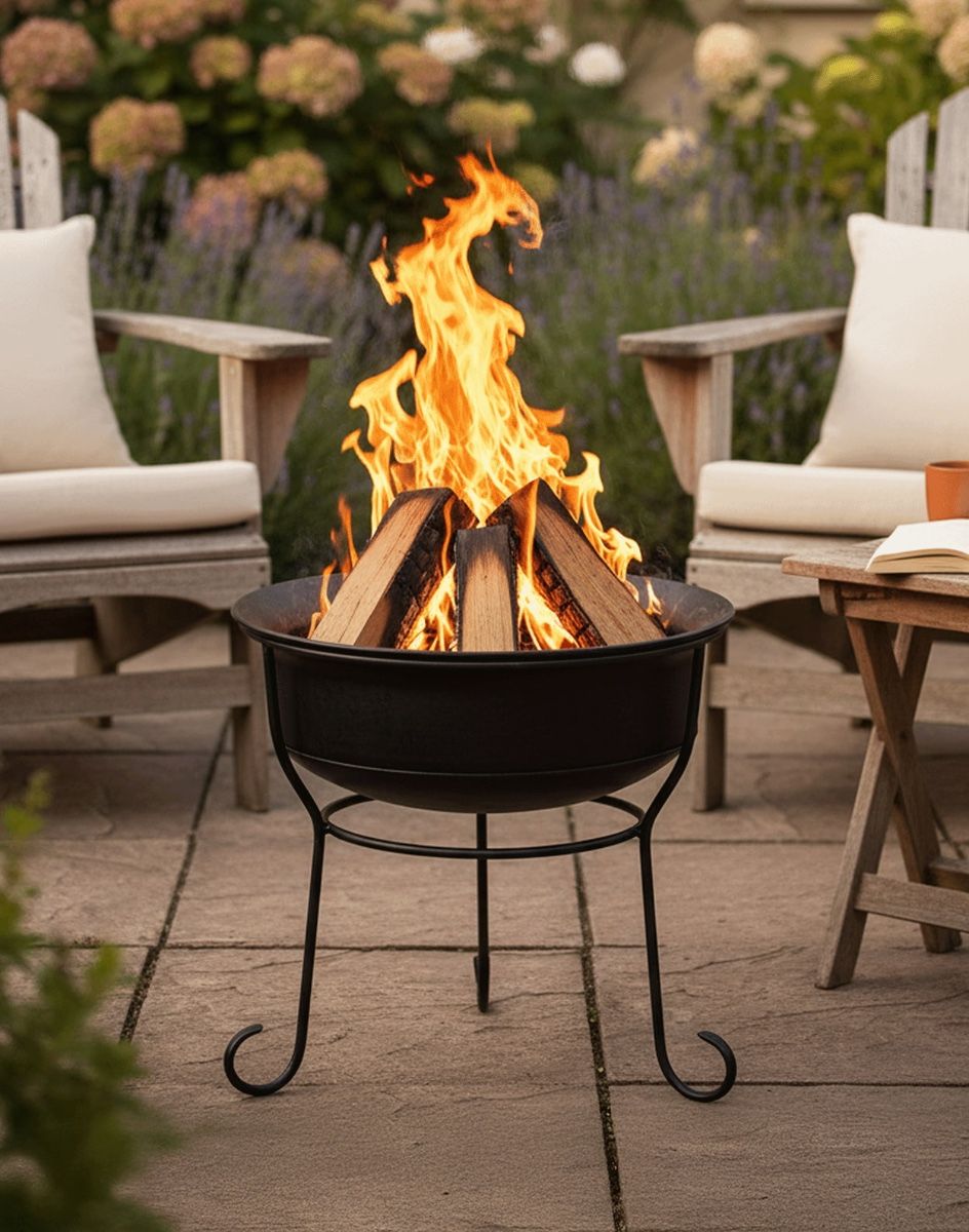 Digital Illustration of the Black Marrakech Fire Pit on a Garden patio with a Garden Lounge Set