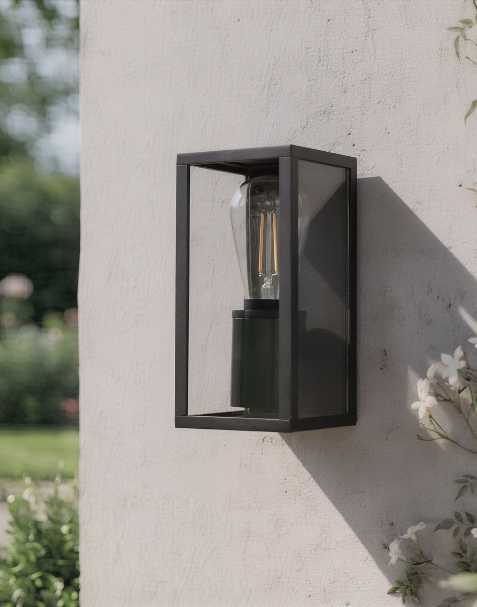 Digital Illustration of the Black Modern Tall Box Wall Light Mounted on a Sunny White Building Wall