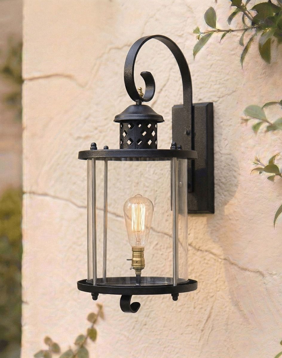 Digital Illustration of the Black Suspended Cylindrical Wall Lantern Mounted on a Cream Coloured Garden Wall