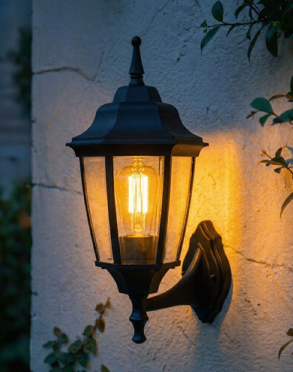 Digital Illustration of the Black Traditional "Pointed" Aluminium Victorian Wall Lantern Lit up at Night