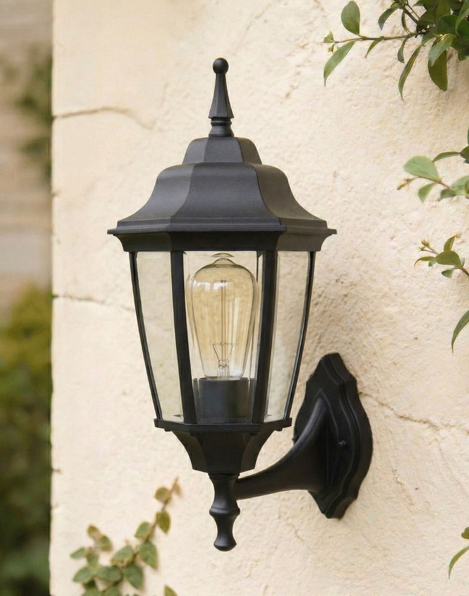 Digital Illustration of the Black Traditional "Pointed" Aluminium Victorian Wall Lantern Mounted on an Outside Garden Wall