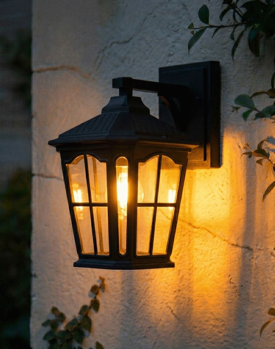 Digital Illustration of the Black Traditional "Quest" Victorian Top-Fix Wall Lantern Lit up at Night