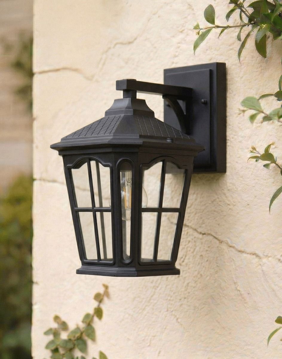 Digital Illustration of the Black Traditional "Quest" Victorian Top-Fix Wall Lantern Mounted on a Cream Coloured Exterior Wall