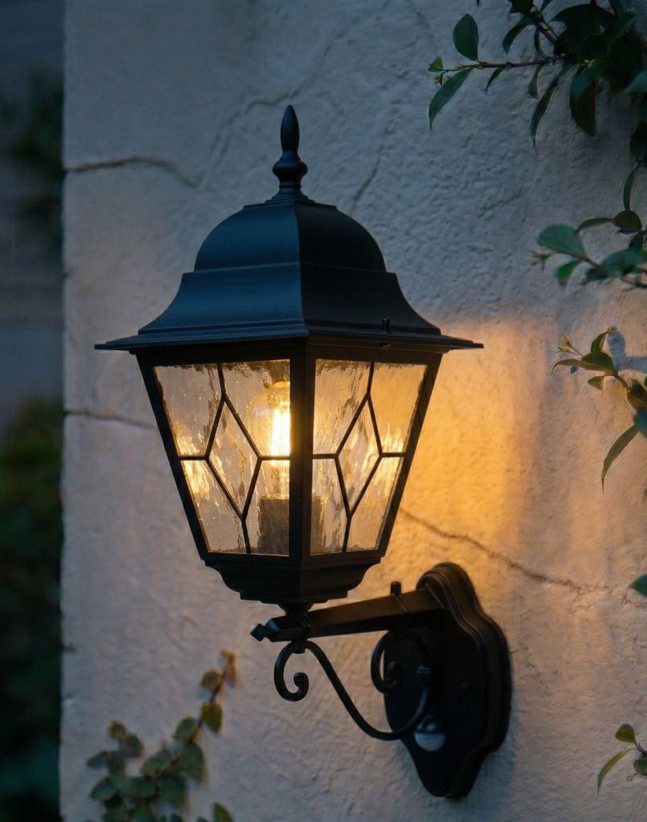 Digital Illustration of the Black Traditional Wall Lantern With Built in PIR Motion Sensor Lit up at Night