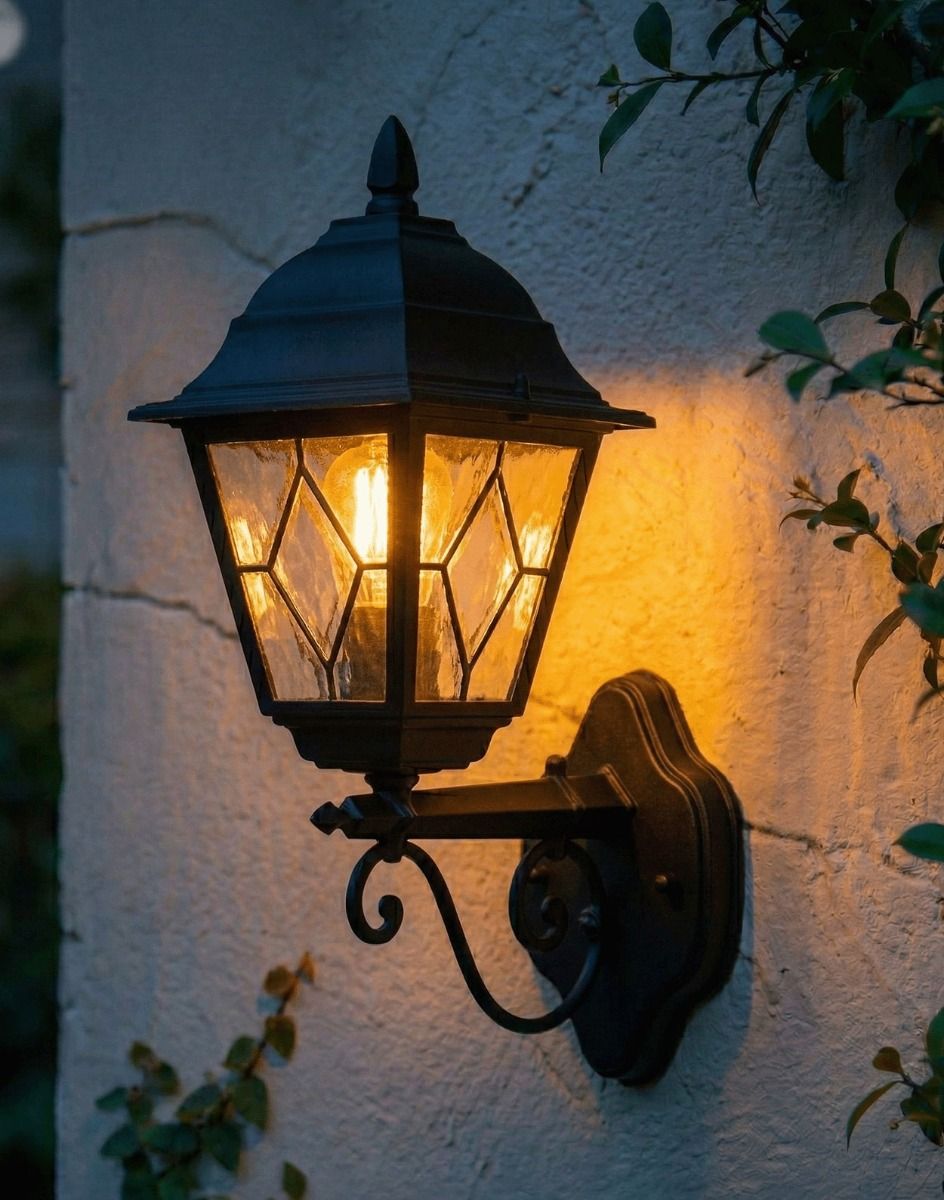 Digital Illustration of the Black Version of the Traditional Victorian Outdoor Wall Lantern with Ornate Bracket Attached Displayed Mounted on a Cream Coloured Garden Wall