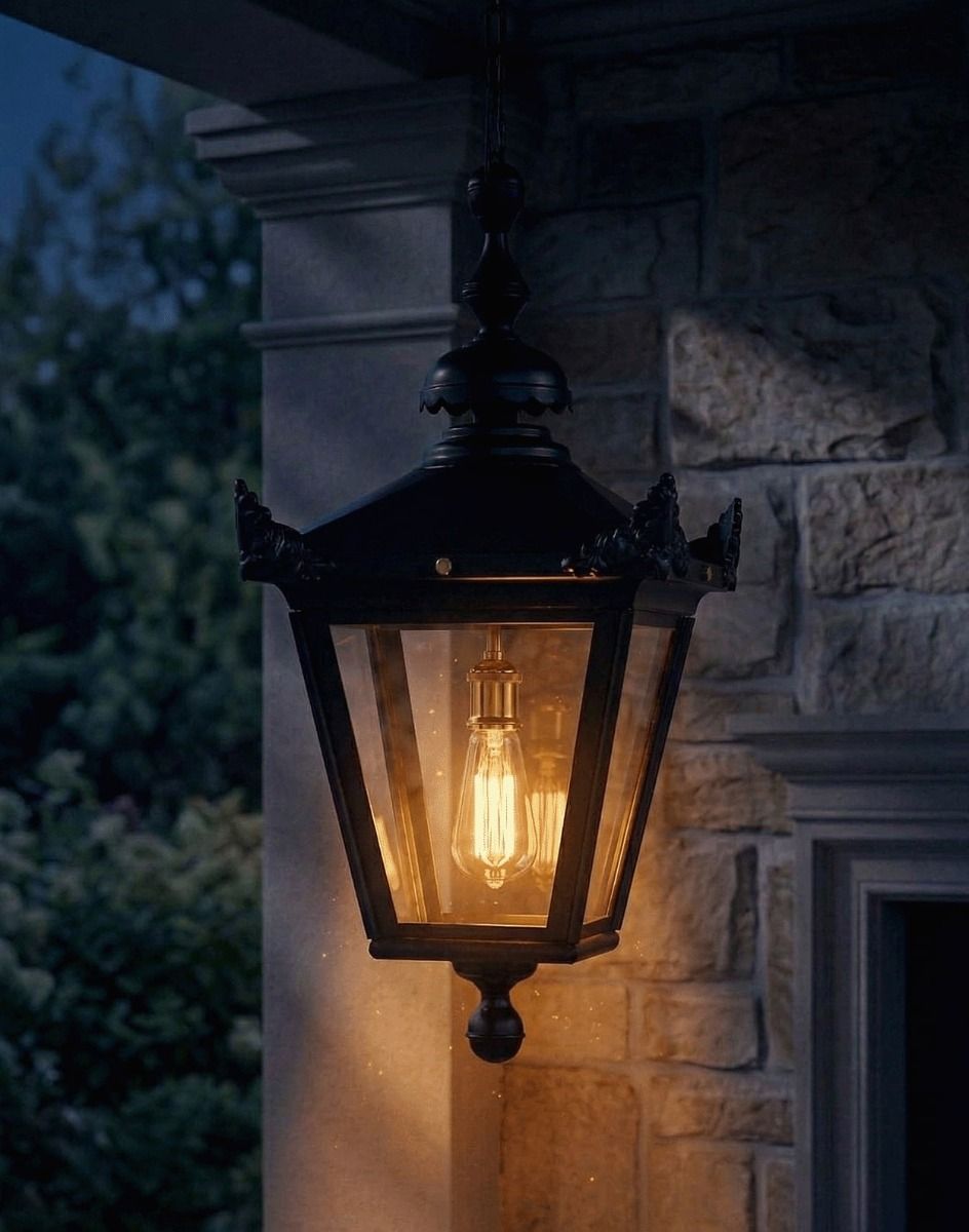 Digital Illustration of the Black Victorian Outdoor Hanging Lantern Lit up at Night
