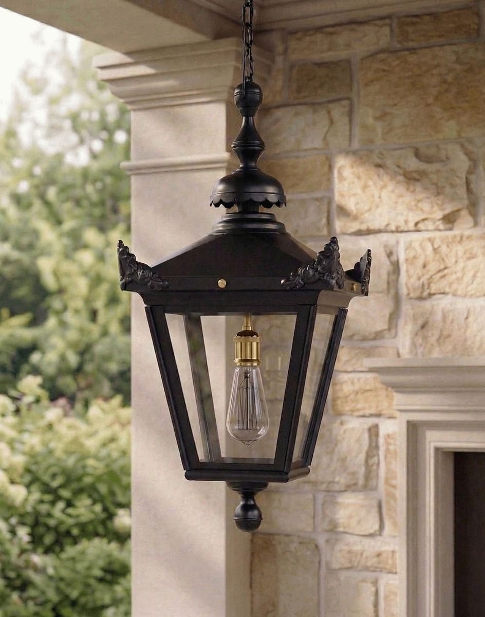 Digital Illustration of the Black Victorian Outdoor Hanging Lantern Suspended Above a Rustic Entranceway