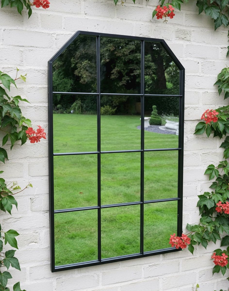 Digital Illustration of the Black Wall Mounted Garden Mirror Mounted on an External White Brick Wall