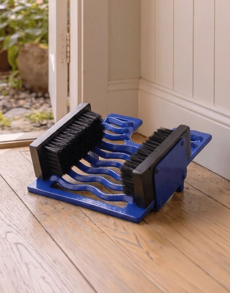 Digital Illustration of the Blue Three in One Boot Jack Boot Brush and Scraper in a Contemporary Wooden Hallway