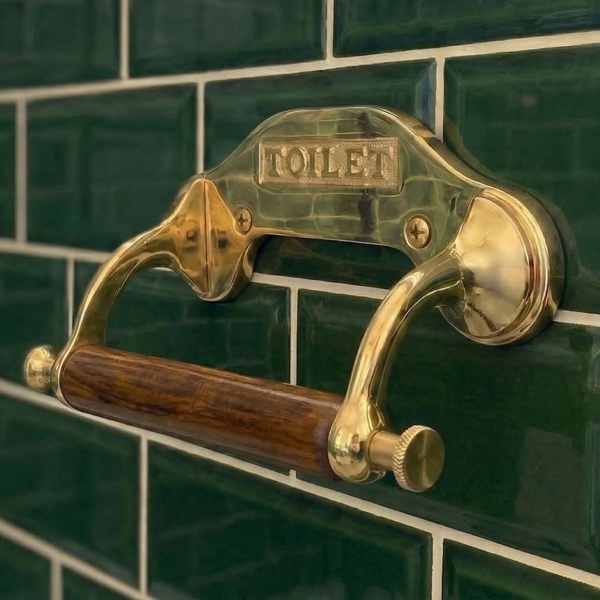 Digital Illustration of the Brass Period “Classic” Toilet Roll Holder Empty on Green Bathroom Tiles