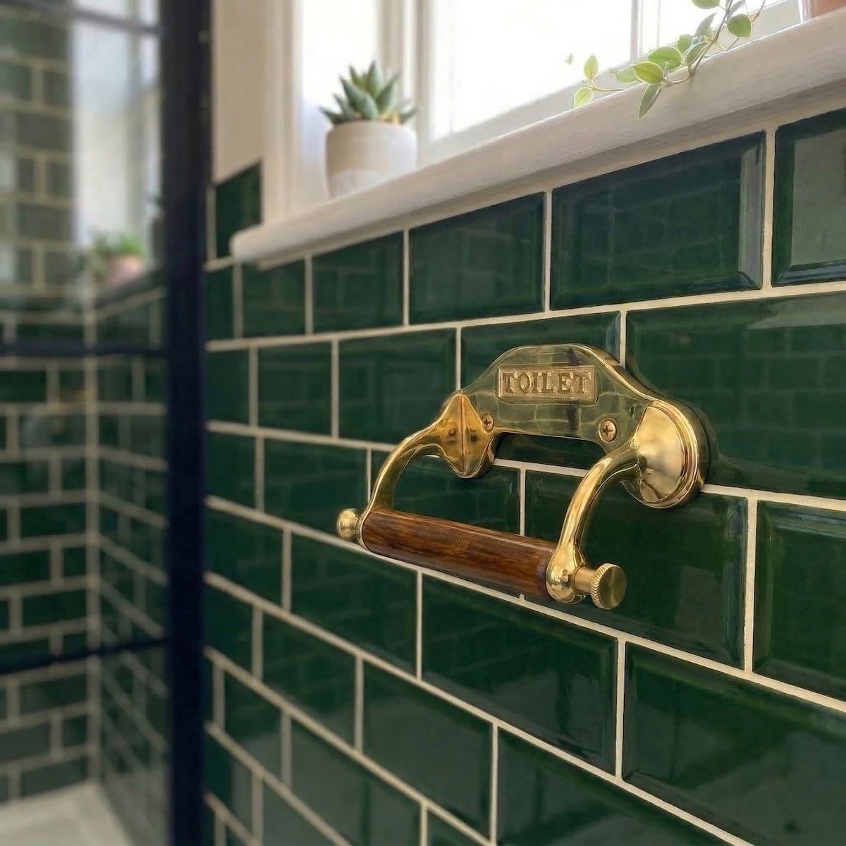 Digital Illustration of the Brass Period “Classic” Toilet Roll Holder Empty on Green Bathroom Tiles from an Angled View
