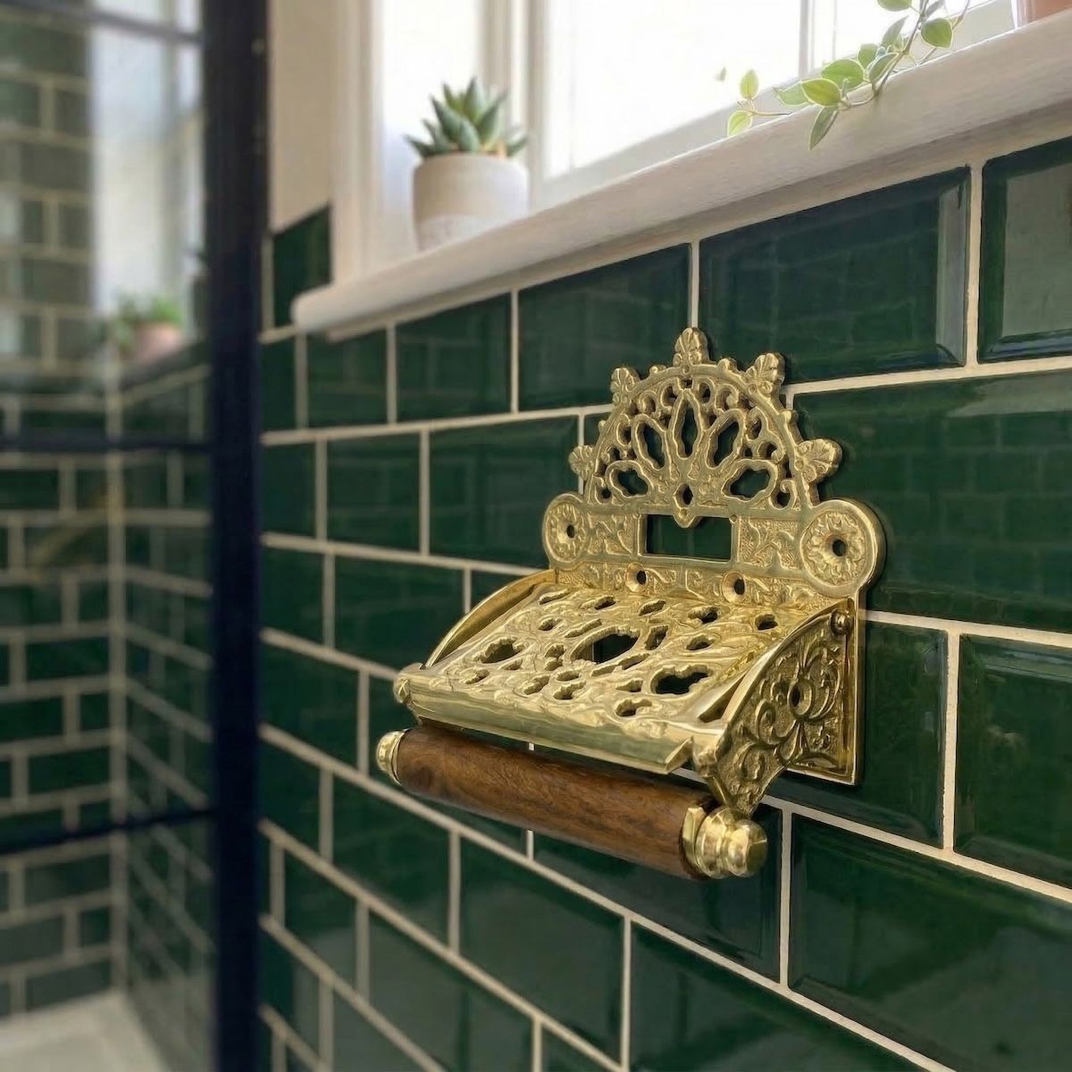 Digital Illustration of the Brass Version of the Sunrise Toilet Roll Holder Empty from an Angled View