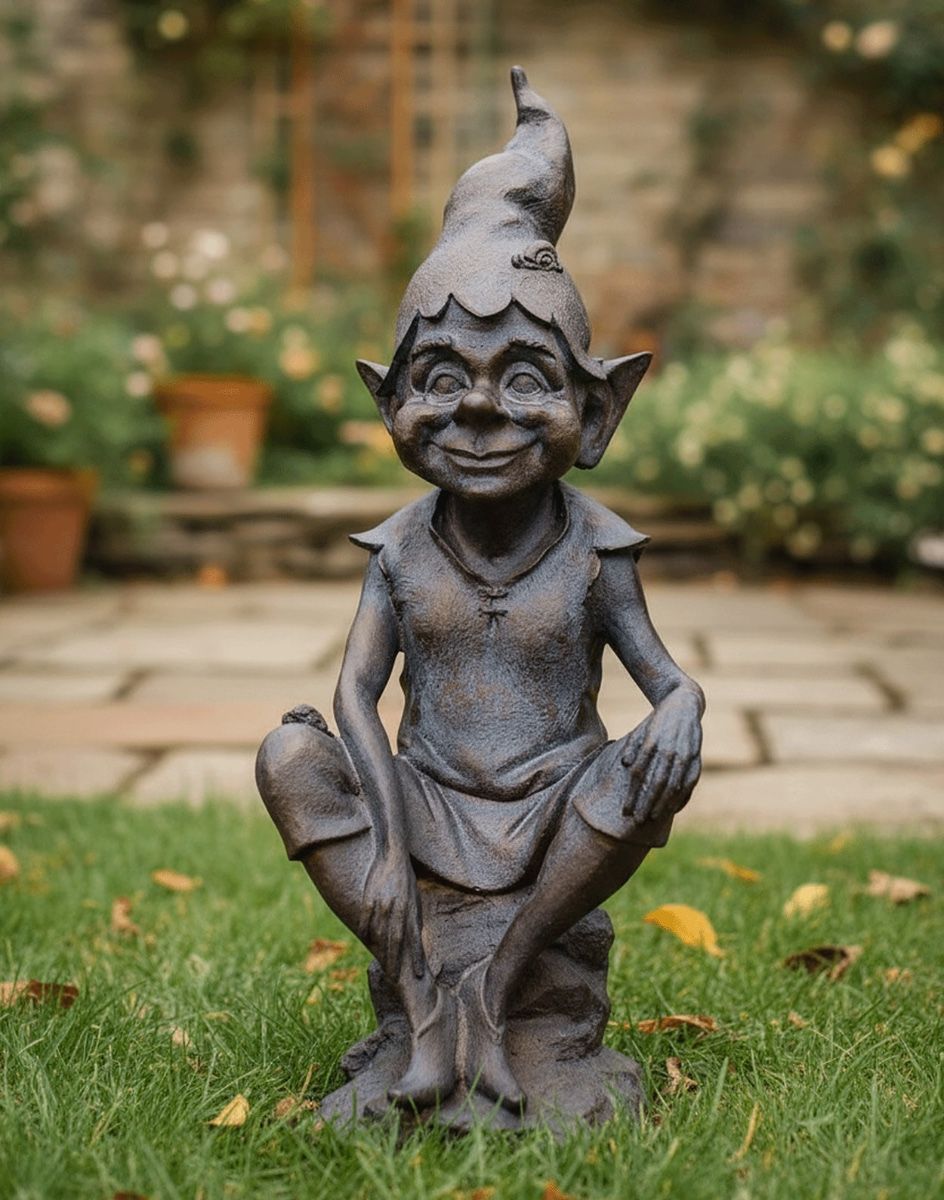 Digital Illustration of the Bronze and Verdigris "Perched Pixie" Resin Garden Sculpture Sat on the Edge of a Garden Lawn with Garden Trellis in the Background