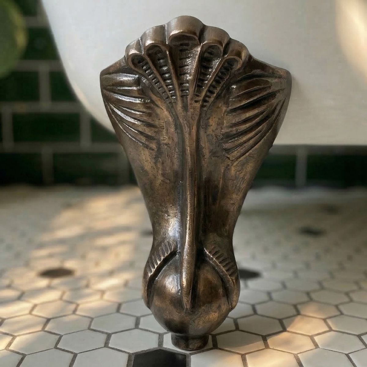 Digital Illustration of the Bronze Claw Bath Feet Mounted on a White Bath in a Bathroom Scene