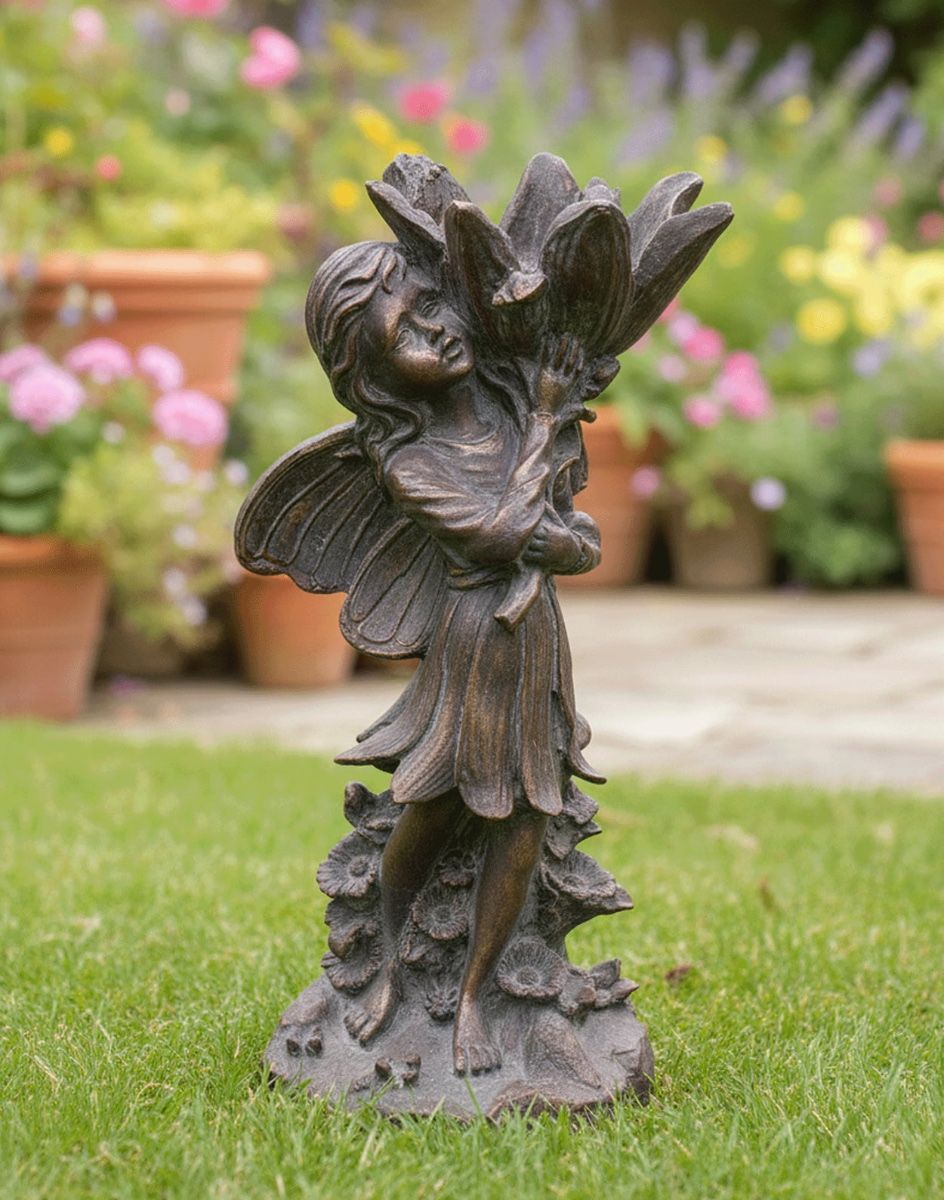 Digital Illustration of the Bronze Finish Flower Fairy Garden Sculpture Placen in Front of Plant Pots in a Garden