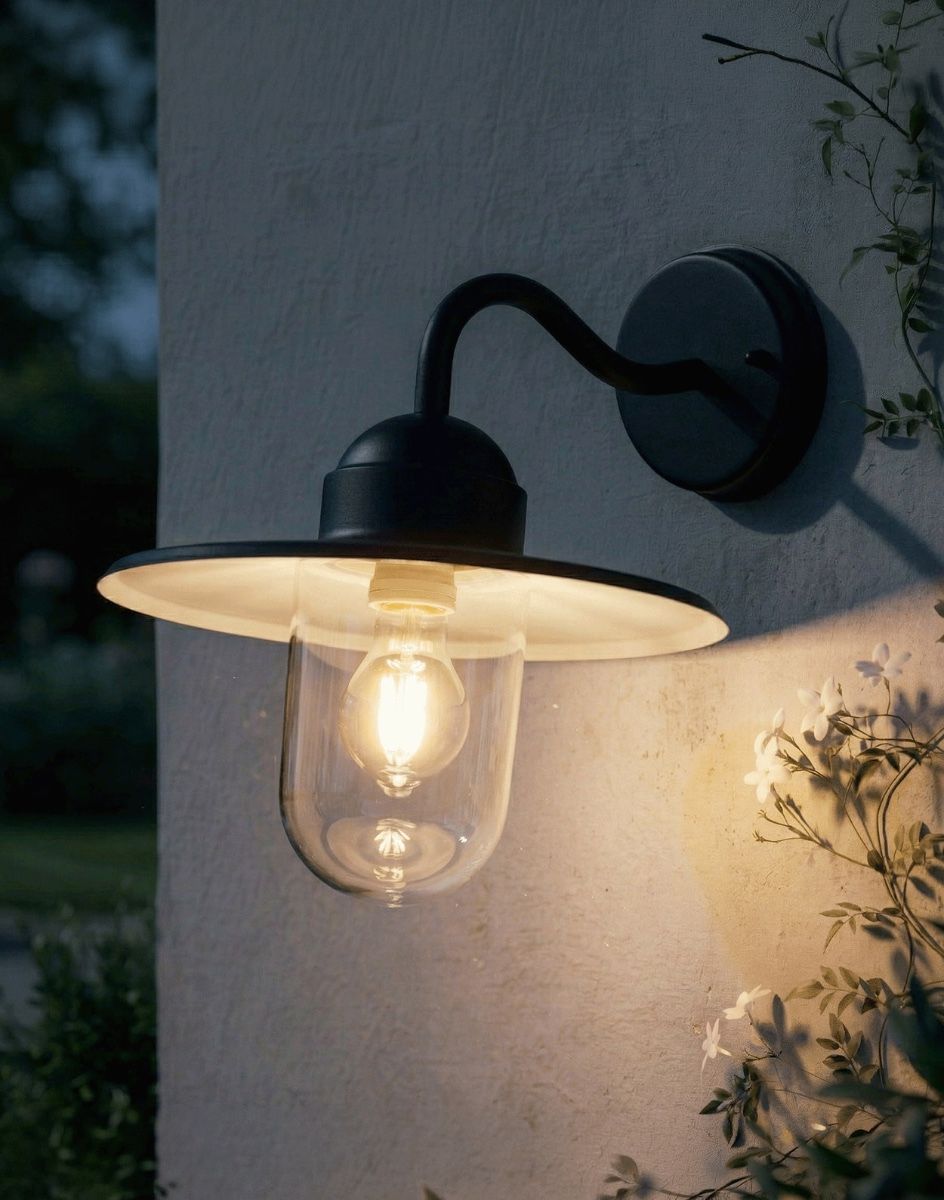 Digital Illustration of the "Brooklyn" Contemporary Black Swan Neck Wall Light Lit up at Night