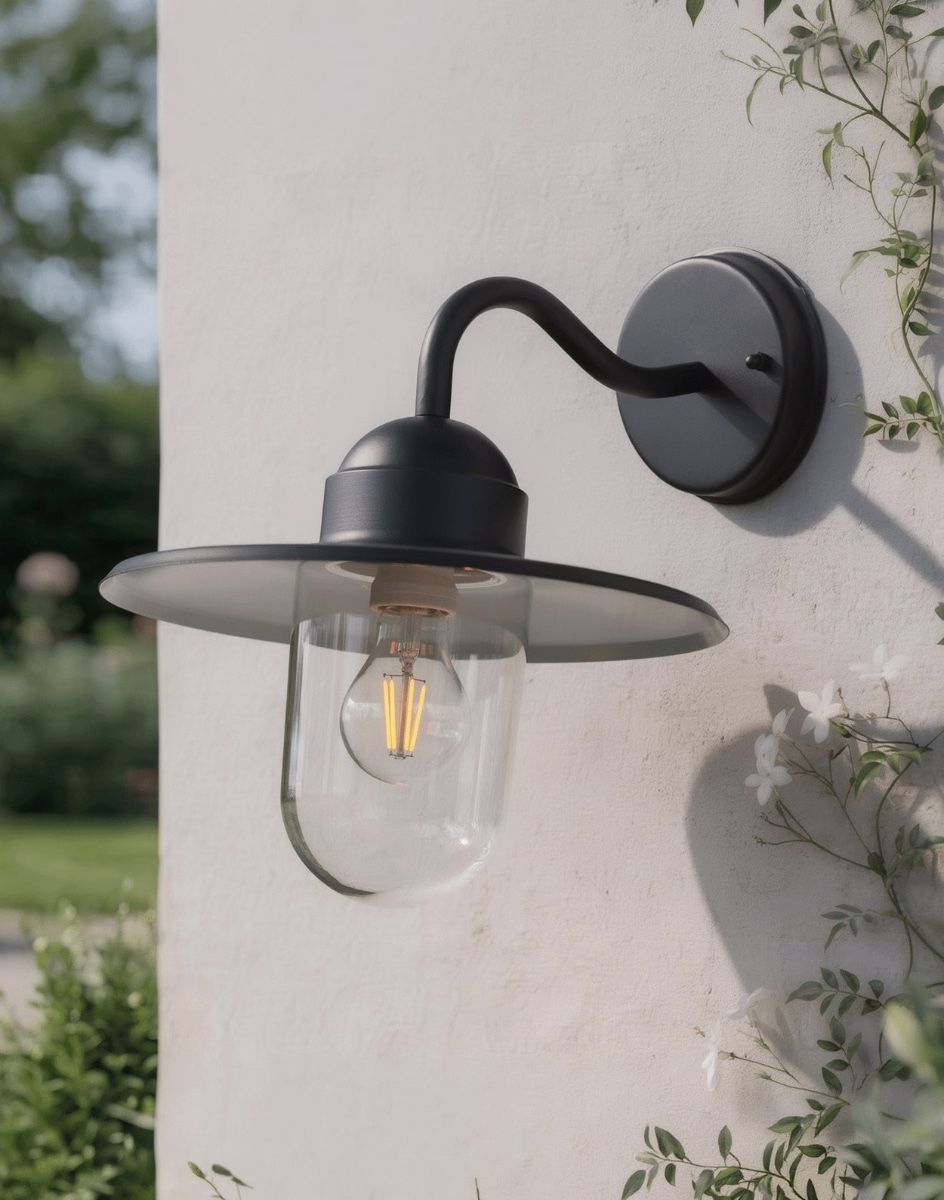 Digital Illustration of the "Brooklyn" Contemporary Black Swan Neck Wall Light Mounted on a Garden Wall with Hedgerow in the Background