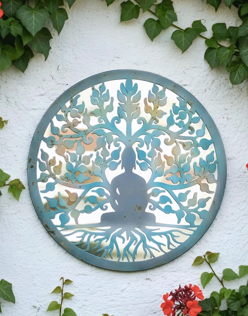Digital Illustration of the Buddha and The Tree of Life Mirrored Garden Wall Art Mounted on a White Garden Wall