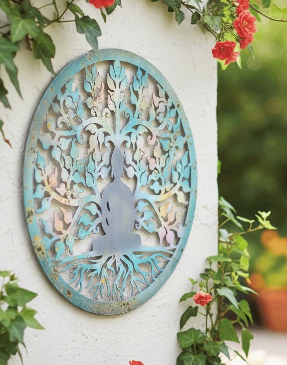 Digital Illustration of the Buddha and Tree of Life Garden Wall Art Angled View on a White Garden Wall