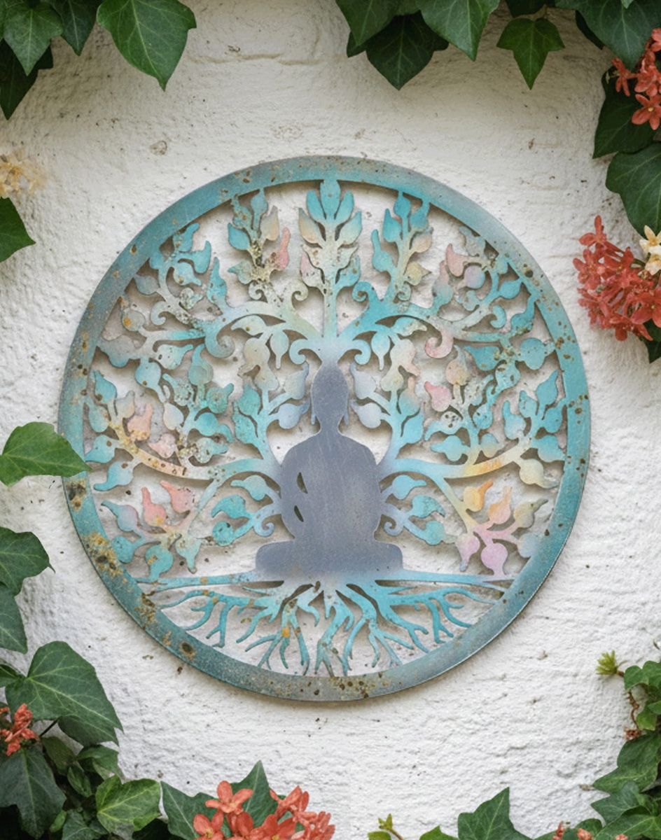 Digital Illustration of the Buddha and Tree of Life Garden Wall Art Front Facing View on a White Garden Wall