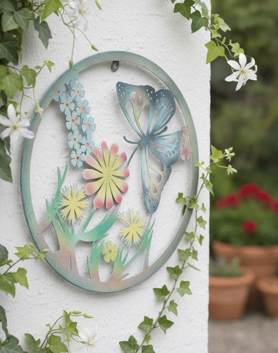 Digital Illustration of the Butterfly and Flowers Silhouette Garden Wall Art Poistioned on the Edge of a White Garden Wall
