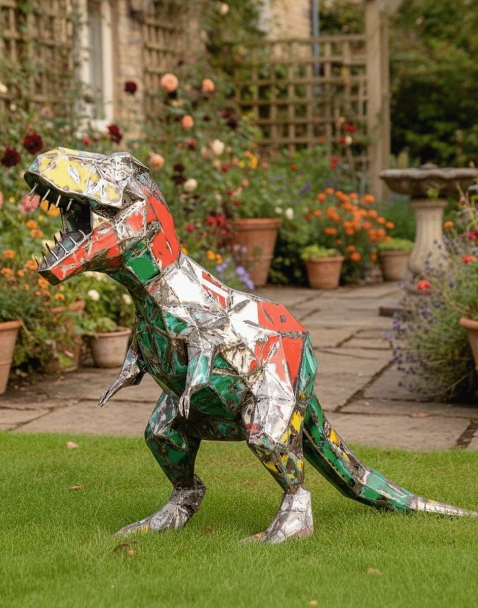 Digital Illustration of the ‘Byte’ the T. Rex Upcycled Oil Drum Garden Sculpture in Front of a Rustic Cottage Patio