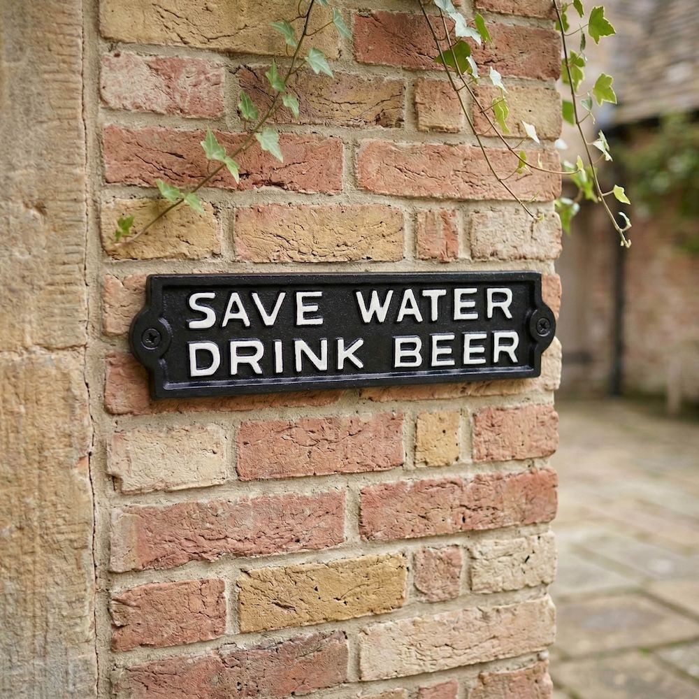 Digital Illustration of the Cast Iron "Save Water Drink Beer" Sign Mounted on a Red Brick Wall