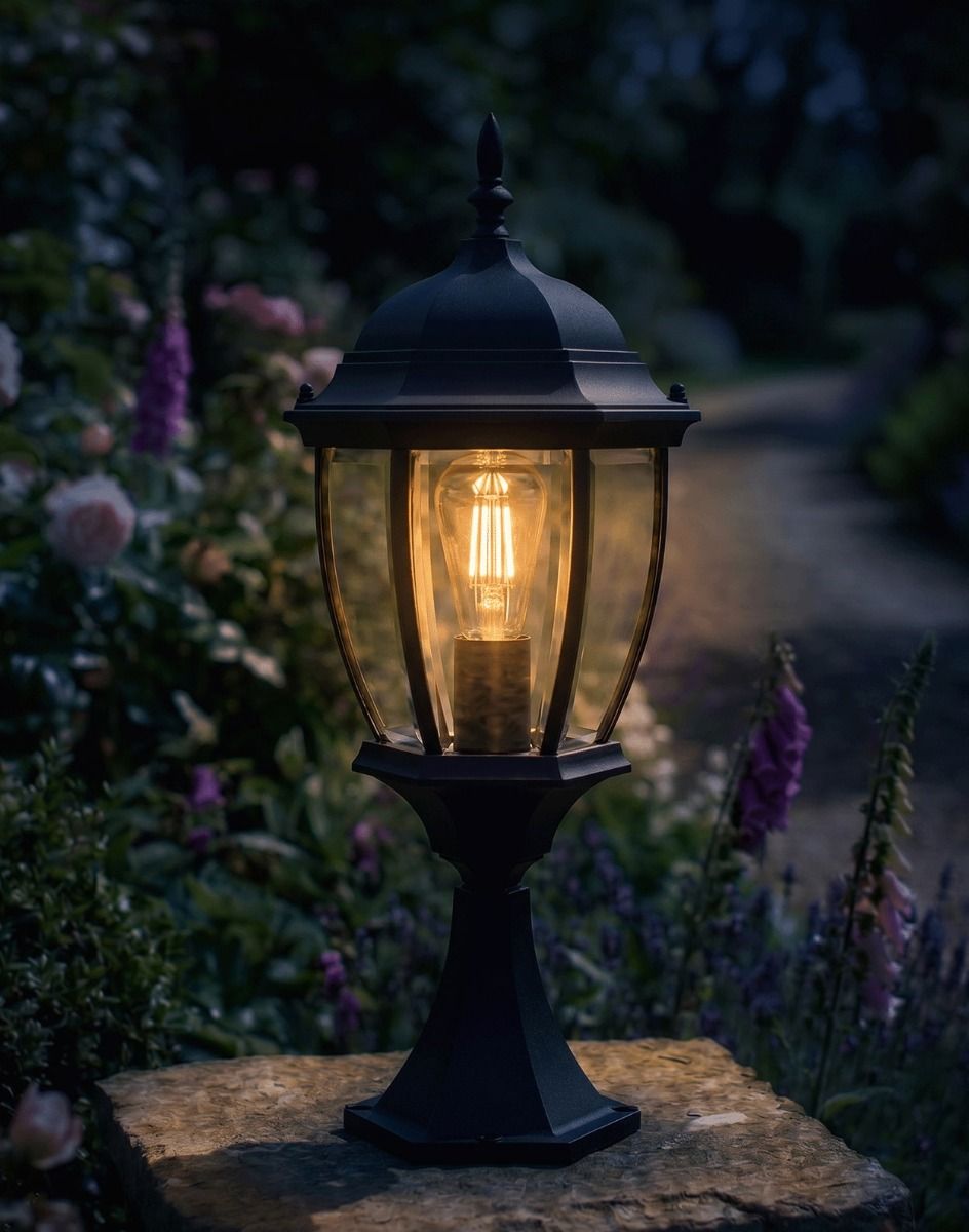 Digital Illustration of the Chaumont Traditional Pillar Light Mounted on a Stone Garden Pillar Viewed from an Angle and Lit up at Night