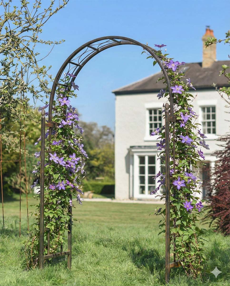 Digital Illustration of the Classic "Pinecrest" Natural Lacquer Rose Arch with Flowers.