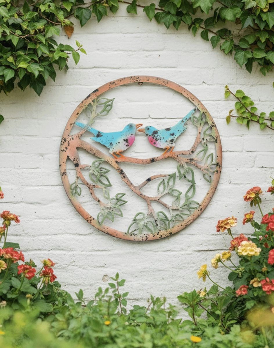 Digital Illustration of the Colourful Birds Garden Wall Art Mounted on a White Garden Wall Viewed from Further Back with More Flowers in Image