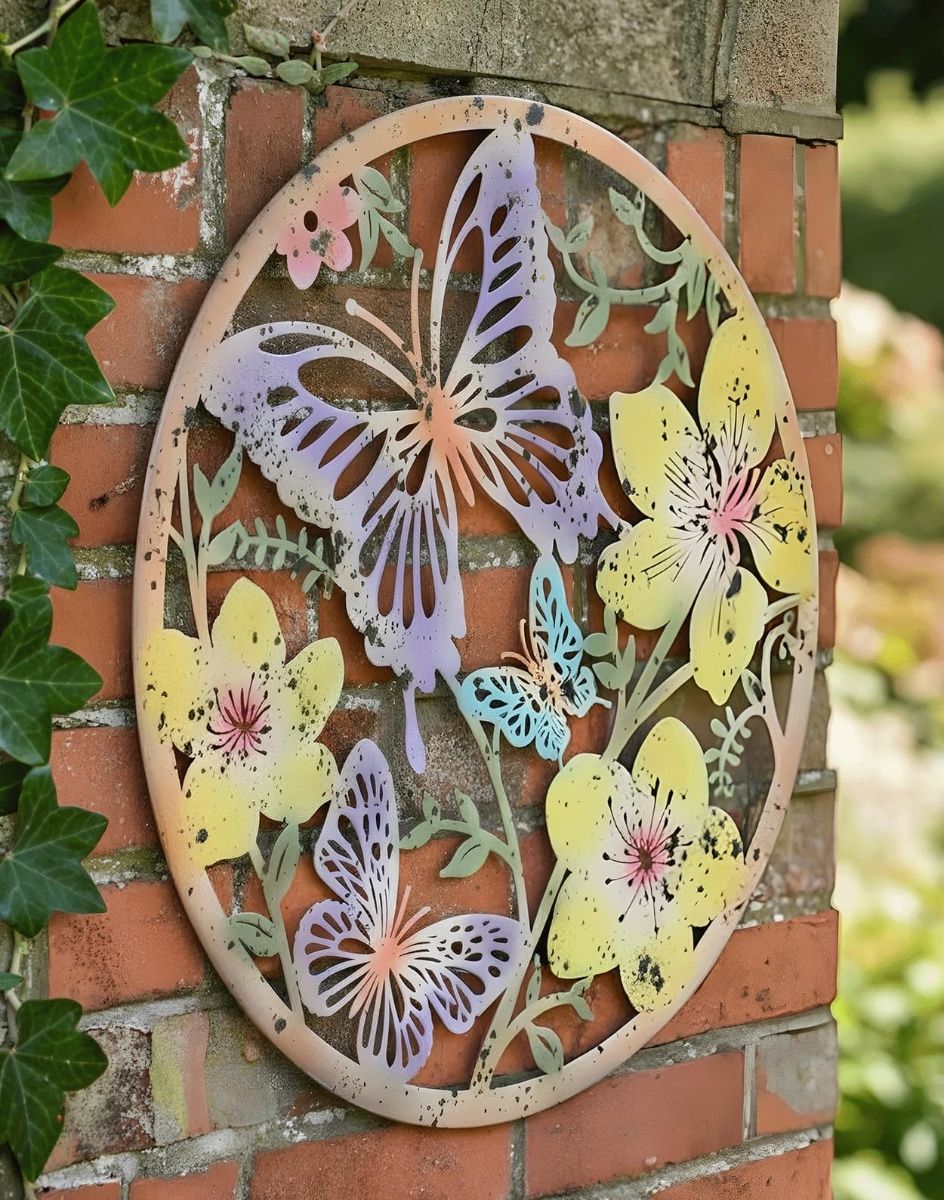 Digital Illustration of the Colourful Butterfly Garden Wall Art Mounted on the Side of a Red Brick House