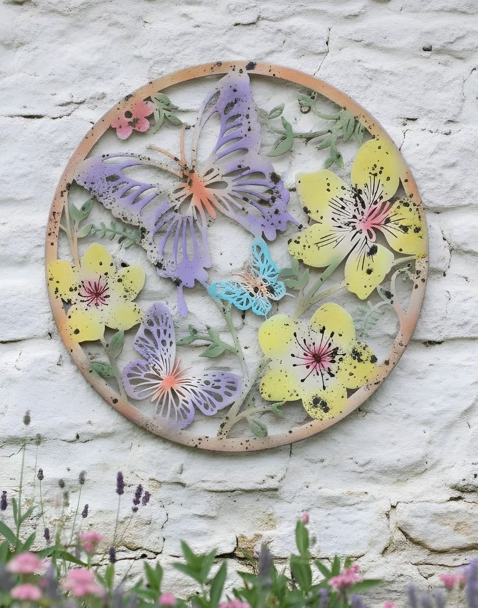 Digital Illustration of the Colourful Butterfly Garden Wall Art on a Rustic White Wall Building