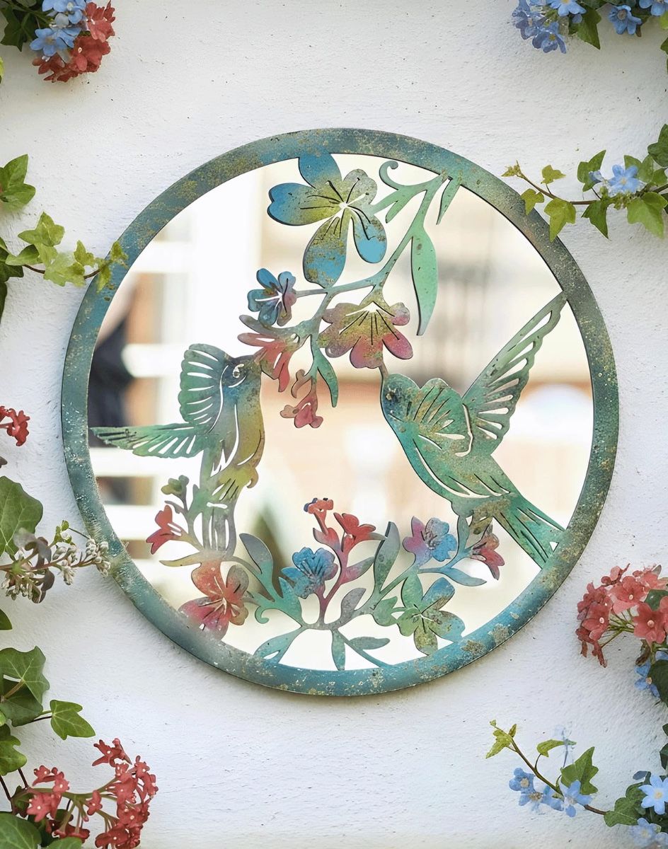 Digital Illustration of the Colourful Hummingbird Mirror Garden Wall Art Mounted on a White Wall
