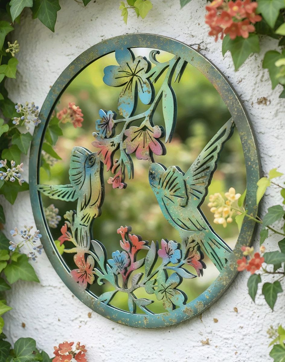 Digital Illustration of the Colourful Hummingbird Mirror Garden Wall Art Mounted on the Side of a White Garden Building
