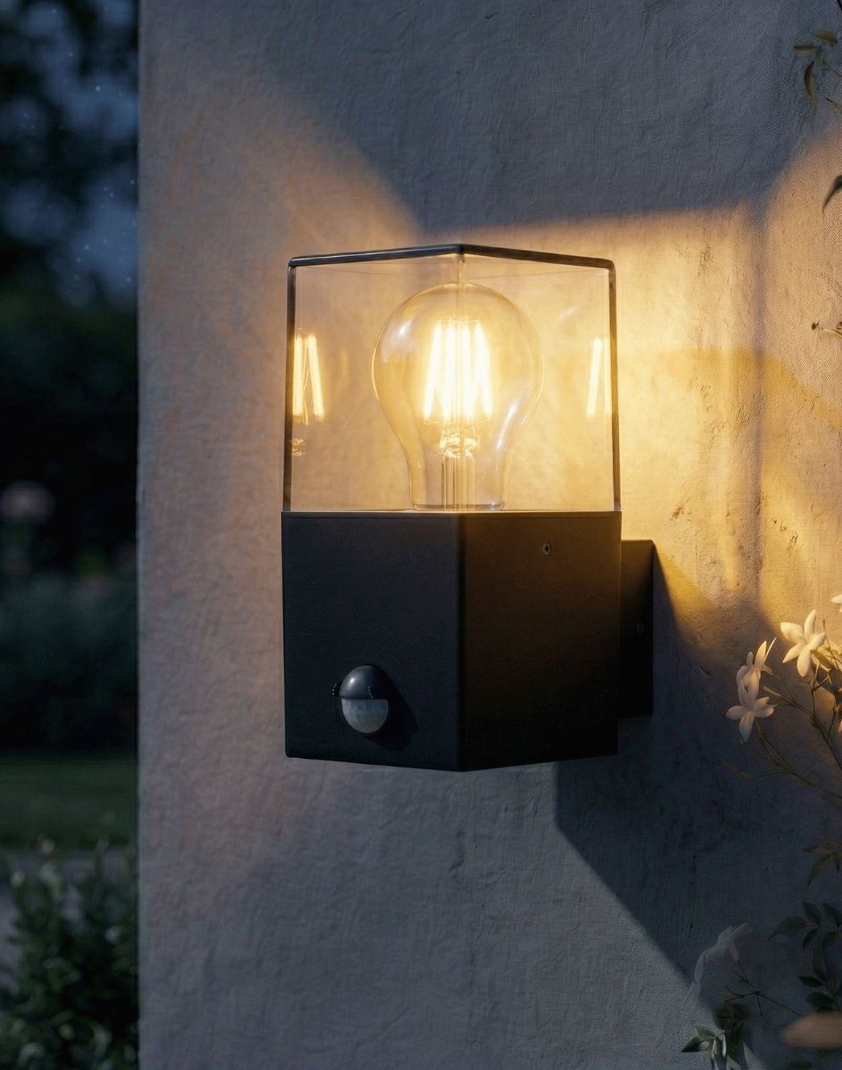 Digital Illustration of the Contemporary Black "Cube" Wall Light Lit up at Night