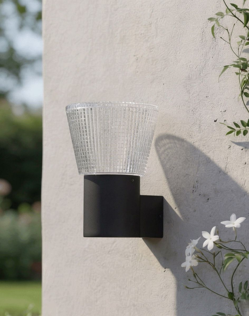 Digital Illustration of the Contemporary Black "Alton" Wall Light Mounted on an Outdoor White Garden Wall
