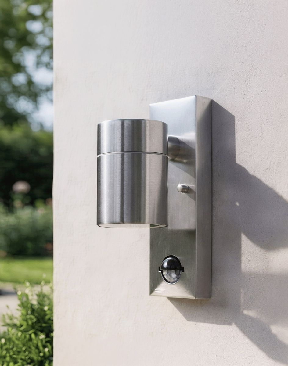 Digital Illustration of the Contemporary Stainless Steel Outdoor Wall Light Mounted on a White Garden Wall During the Day