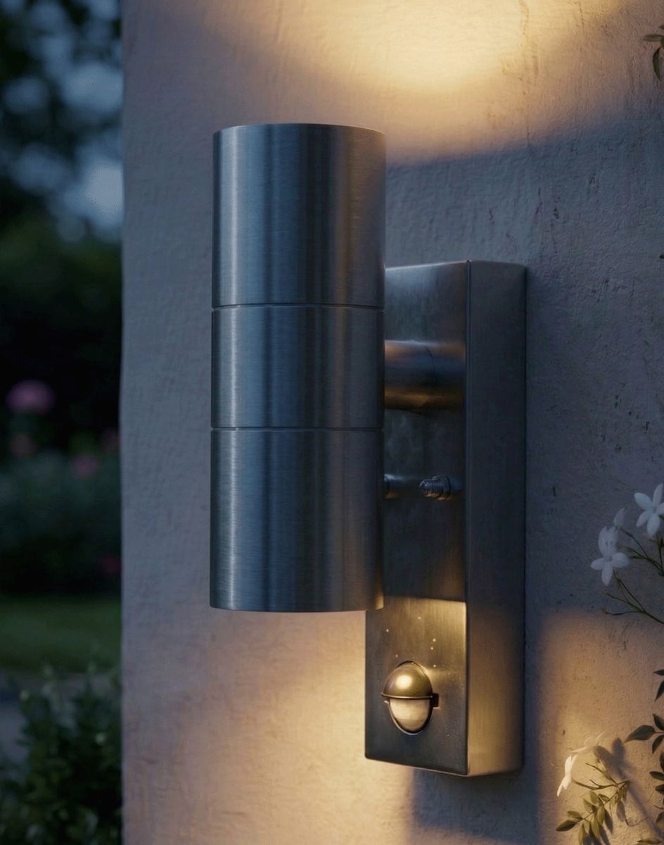 Digital Illustration of the Contemporary Stainless Steel PIR Sensor Up & Down Wall Light Lit up at Night