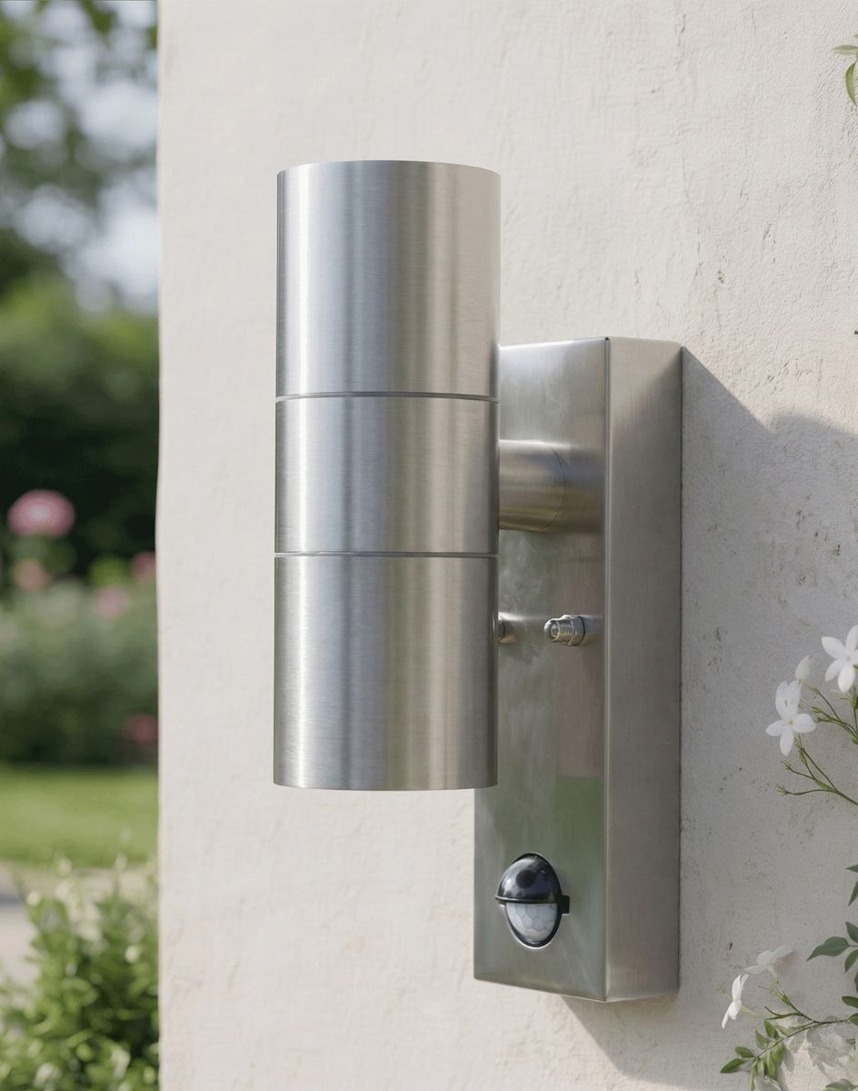 Digital Illustration of the Contemporary Stainless Steel PIR Sensor Up & Down Wall Light Mounted on a White Garden Wall